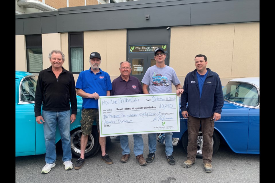 Hot Nite in the City presented a cheque for $10,480 to the Royal inland Hospital Foundation recently.  From left: Ric Hofman, Dana Hall, Ron Popove, Brent Wende and Dennis Smith are part of the annual event, which sees the funds directly impacting the hospital’s pediatric department — helping the smallest patients receive life-saving care.
