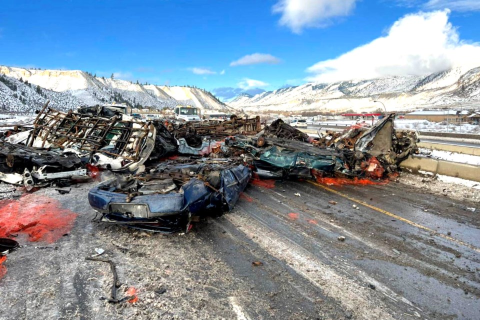 A Semi truck lost a load of crushed cars on the highway in east Kamloops Thursday morning.