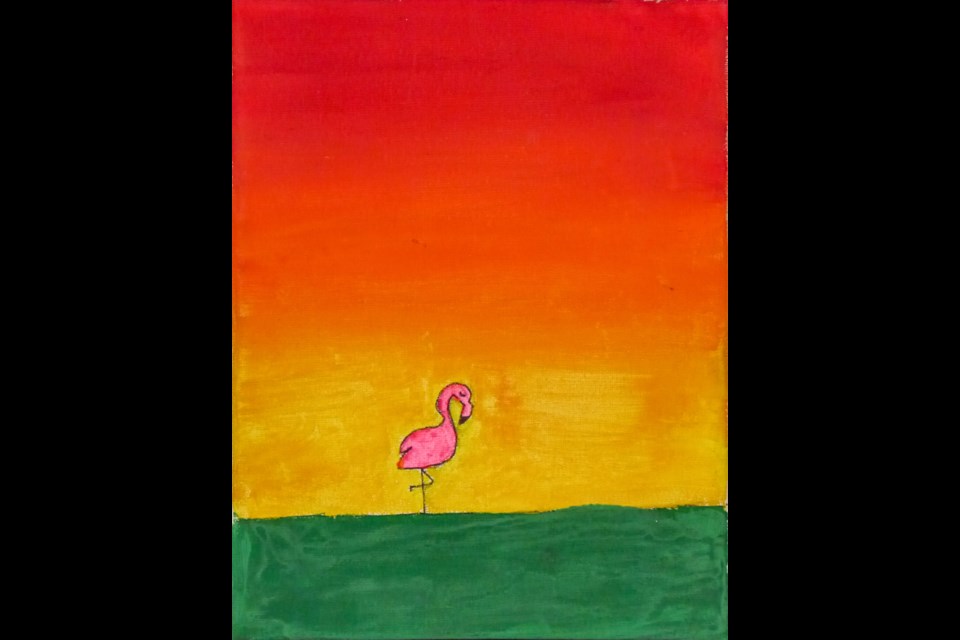 This artwork is called Flamingo Sunrise and it was created by Brynn Boffa of A.E. Perry elementary when she was in Grade 4 in the 2020-2021 
school year.