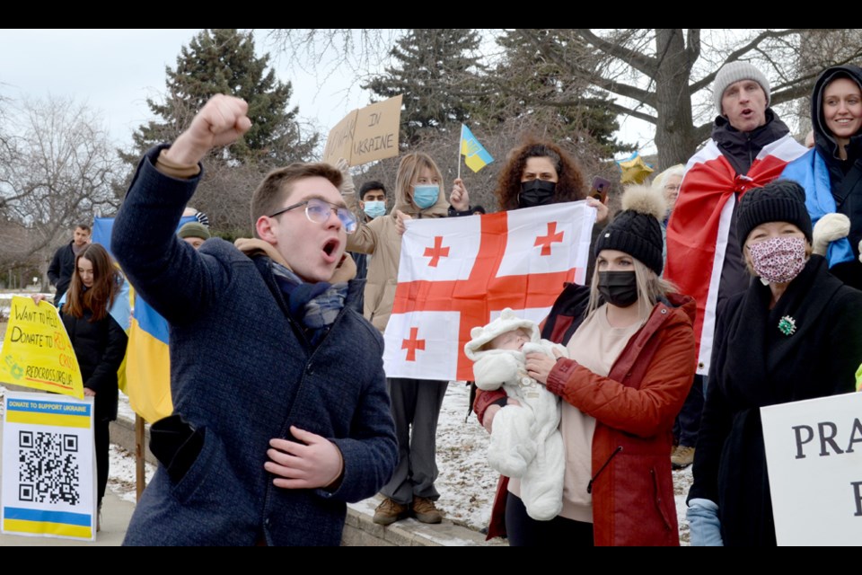 Andrii Lobanov fires up the crowd at the rally in support of Ukraine on Saturday (Feb. 26).
