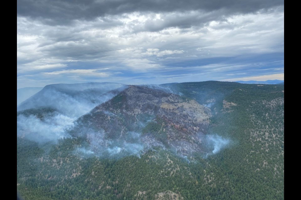 Smoke rises from the Watching Creek wildfire northwest of Kamloops on Aug. 3, 2022. As of that date, the fire had burned an estimated 195 hecatres of land. The fire was sparked by lightning on July 29, 2022.