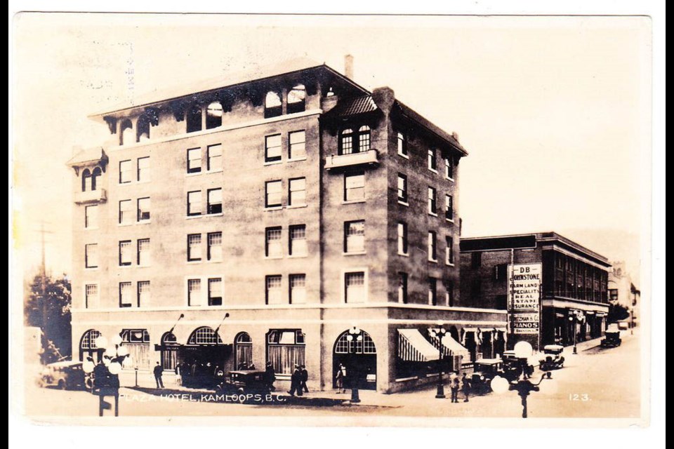 The Plaza Hotel in 1931, two years after it opened in downtown Kamloops 
at the corner of Victoria Street and Fourth Avenue. The Plaza was designed in a Spanish Colonial Revival architectural style that was popular at the time. 
The Plaza is a prominent downtown landmark — visibly iconic for its iron railings, stucco siding and arched windows and doors. It is also a registered heritage site through the City of Kamloops.
