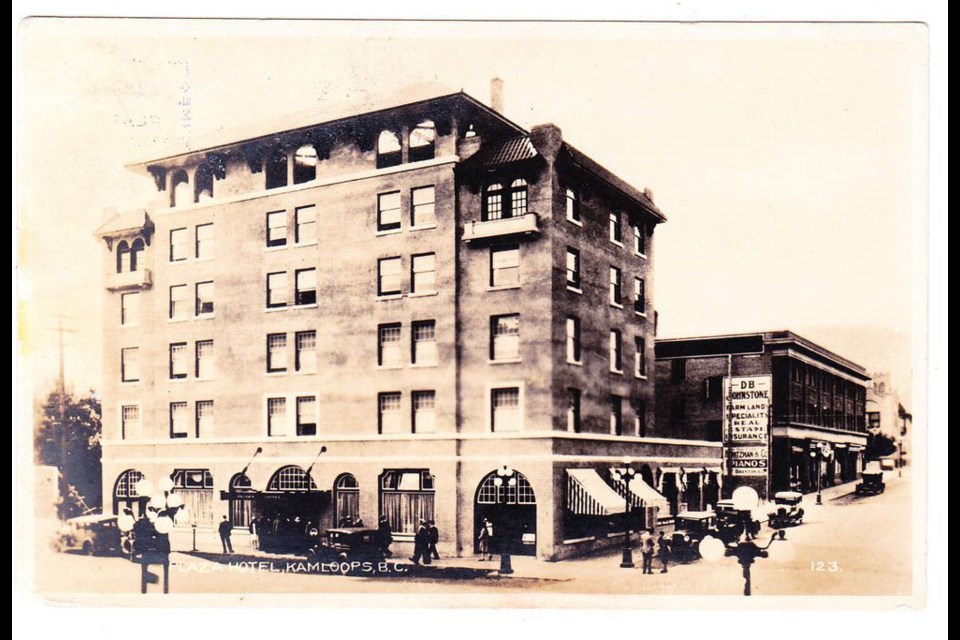 The Plaza Hotel in 1931, two years after it opened in downtown Kamloops 
at the corner of Victoria Street and Fourth Avenue. The Plaza was designed in a Spanish Colonial Revival architectural style that was popular at the time. 
The Plaza is a prominent downtown landmark — visibly iconic for its iron railings, stucco siding and arched windows and doors. It is also a registered heritage site through the City of Kamloops.