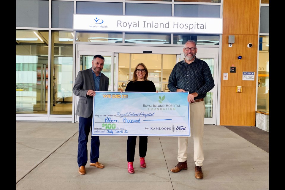 Kamloops Ford Lincoln gifted the Royal Inland Foundation $15,000, part of a $60,000 commitment the dealership has made to benefit pediatrics at Royal Inland Hospital through its annual Pay it Forward program. Many families rely on the specialized care offered at RIH 
and Kamloops Ford Lincoln’s donations are pivotal in helping ensure the hospital’s pediatric department is equipped with the tools and technology necessary to deliver world-class comfort and care to every child in need. 