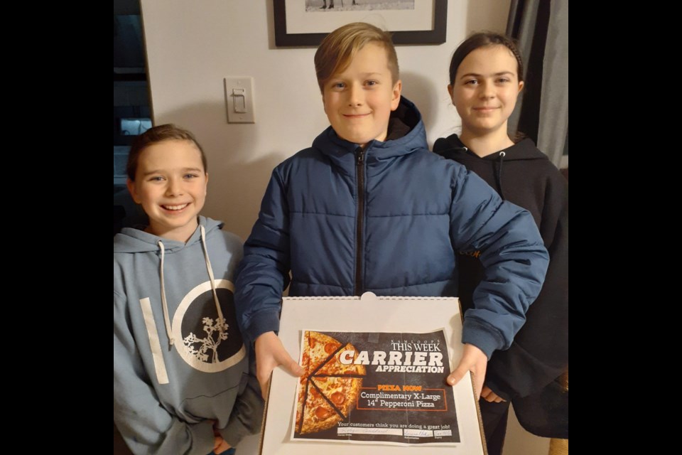 Marley, Ryder and Myla Goddard, who have a KTW route in  Valleyview., received a KTW carrier appreciation pizza from Pizza Now. 