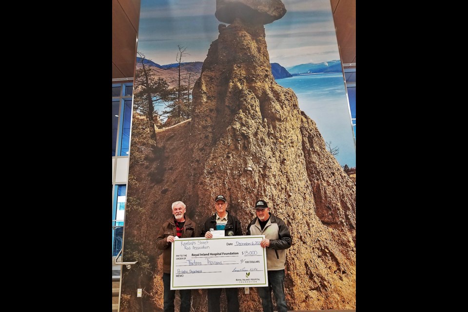The Kamloops Street Rod Association donated $13,000 to the pediatrics ward at Royal Inland Hospital. The money was raised at the clubâs car shows last year in Prince Charles Park â on May 28 and July 23 â and via the Sept. 30 Pumpkin Run. In the photo, from left: Kamloops Street Rod Association vice-president Kim Grayston, association member George Torrans and association president Larry Wagner.