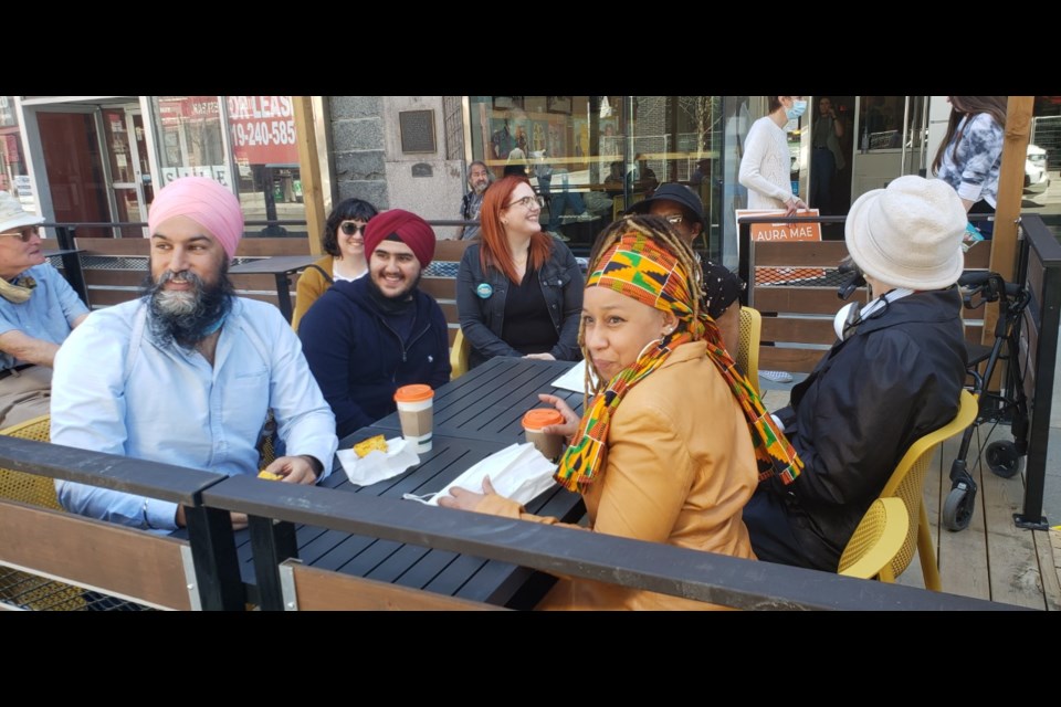 NDP Leader Jagmeet Singh sits for a coffee with Kitchener Centre incumbent Laura Mae Lindo.