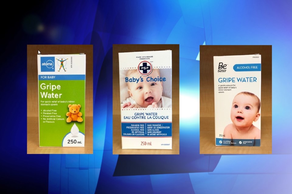 Photo of recalled gripe water products from Atoma (left), Baby's Choice (middle) and Be Better (right).