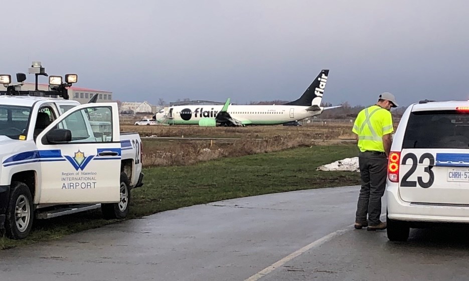 A Flair Airlines plane is in the grass at the Region of Waterloo International Airport (Nov. 25, 2022)