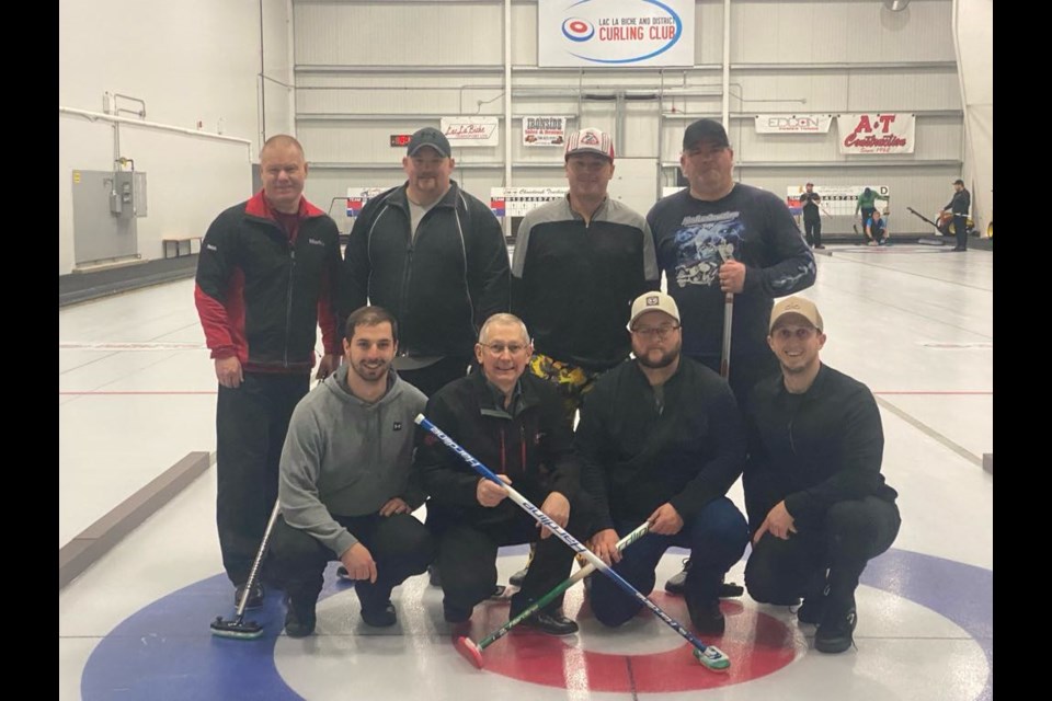 The A event winners of the 2024 Oilmen’s Bonspiel. First place, back row, left-right: Jeff Reich (skip), Evan Crawford, Tyler Spitzer, Darren MacEachern (Fort McMurray). Second place, front row, left-right; Andre Tardif (skip), Rosaire Tardif, Mike Teeter, and Sam Tardif (Lac La Biche). Photo supplied. 