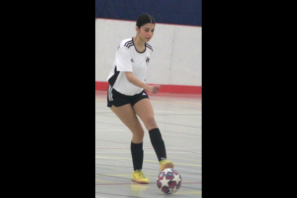 Alene Kamaleddine of the Cold Lake U19 squad prepares to kick the ball. Chris McGarry photo.