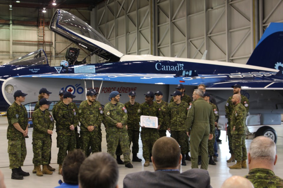 The Demojet refinishing team being awarded the Canadian Air Division Commanders' Commendation to the CF-18.