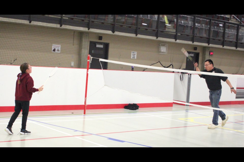 It was a fun dad-daughter session at the Bold Center badminton courts for Robbie Lewis and his daughter Louise to start off the weekend. The Bold Center has been a busy place over the last few weekends with college hockey, indoor soccer, the PVC volleyball tournament and minor hockey games. The facility is expected to see more activity over the next year as a new Junior A hockey franchise is setting up in the community.

Chris McGarry photo.