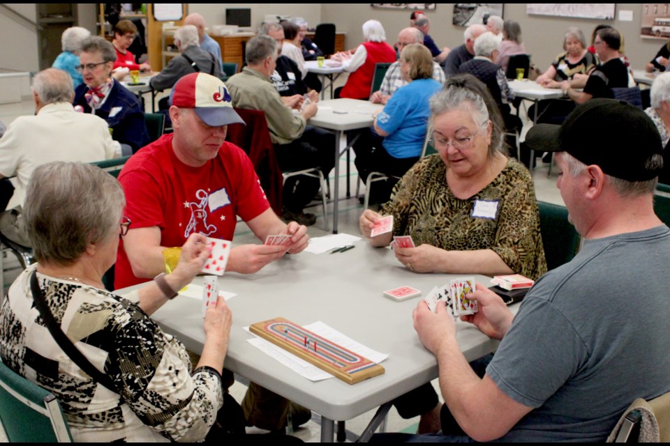 Barb Chamberlain, Dustin Downes, Adam Edwardson and Helen Faucher play a game at the cribbage tournament which took place at the Lac La Biche Heritage Centre on April 11. Chris McGarry photo. 