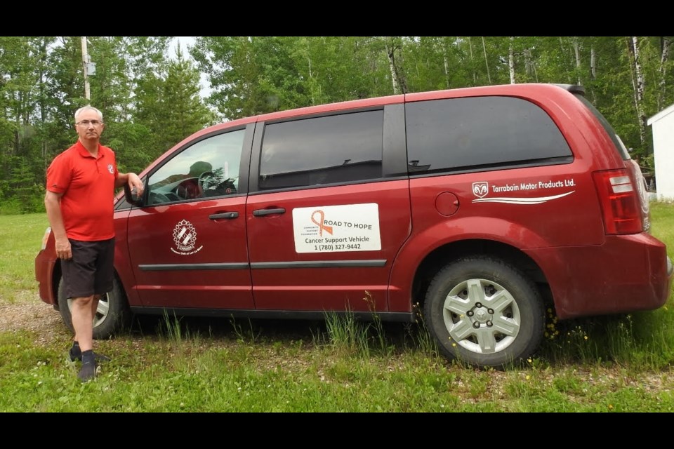 Blair Norton, a volunteer driver with the Road to Hope community support foundation, stands in front of a vehicle used to transport cancer patients in the Lac La Biche area to their appointments. Photo supplied. 