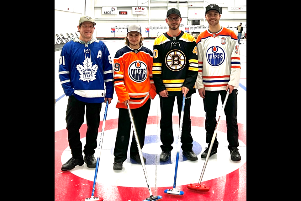 Brett Skakun, third from left, with his team at the 2022 Men's Bonspiel in Lac La Biche. Also in photo are Kevin Gaberal, Dalen Beniuk, and Jordan Webb. Chris McGarry photo. 