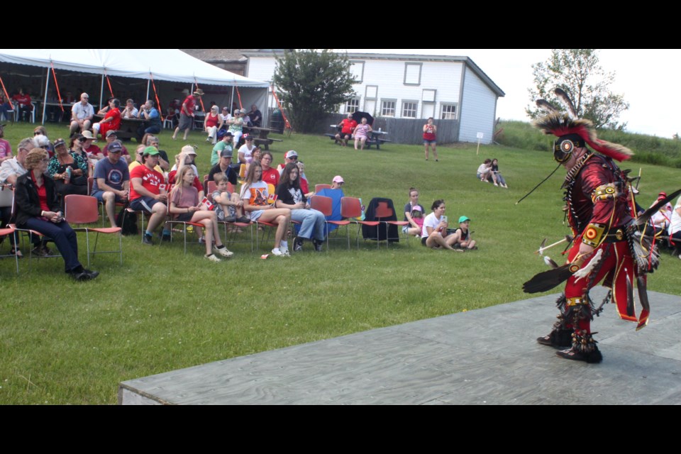 Powwow dancer Charlie Quintal performs a traditional chicken dance for the crowds gathered on the Lac La Biche Mission grounds. Chris McGarry photo. 