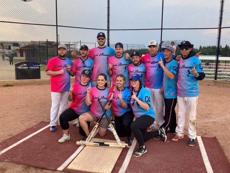 The Cool Arrows, whose roster is comprised mainly of players from the Lac La Biche region, are the champions of the 2023 Lac La Biche Summer Days Slo-Pitch Tournament. On Sunday, the team faced off against MDK, defeating them by a score of 19 – 14, to win a trophy and $2,500 in prize money. In photo, back row, left to right; Mike Teeter, Allan Martinez, Brayden Torresan, Matt Lett, Drew Mosich, Stashnee Boucher, William Kennedy, and Jarrik Berard.