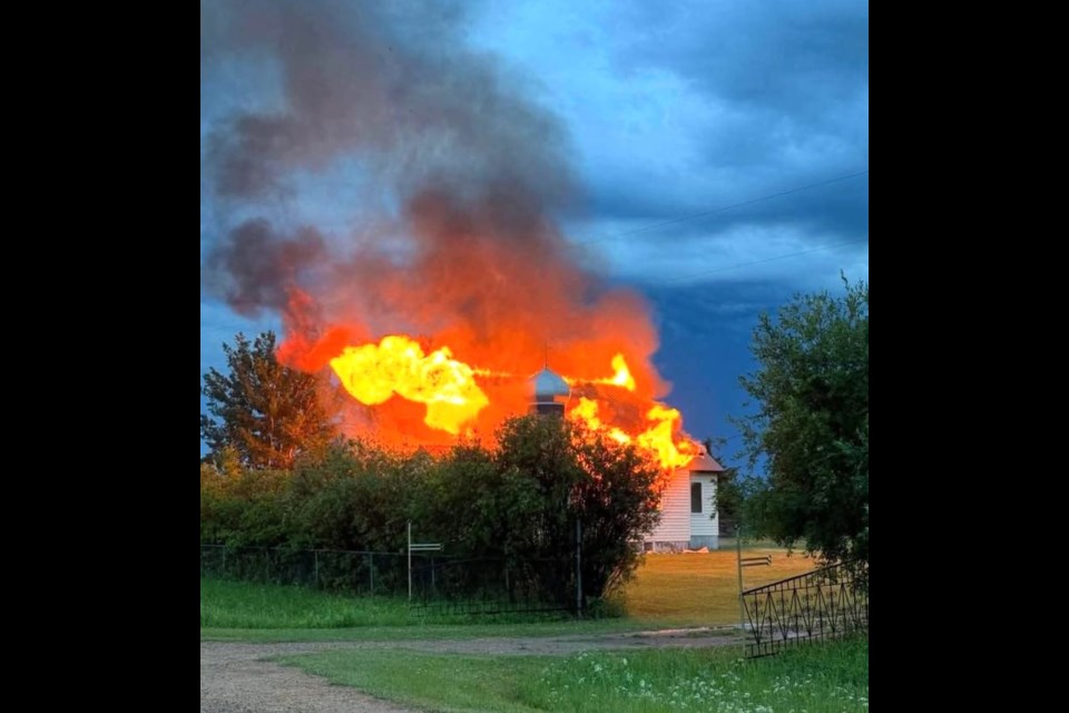 Protection of the Blessed Virgin Mary Ukrainian Greek Orthodox Church in Craigend during the fire in the early morning hours of July 2. Photo supplied. 