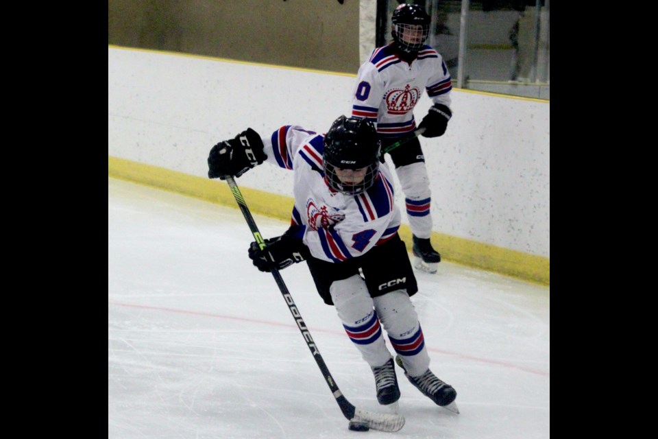 Dax Berg of the Mallaig Monarchs moves down the ice with the puck during a Saturday game against the Bonnyville Pontiacs Mallaig won 11-5. Chris McGarry photo. 