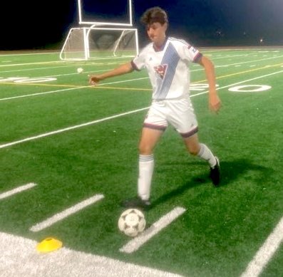 Dominic Simpson kicks the ball during the Portage College Voyageurs soccer training practice which took place Wednesday at the Bold Centre field. Chris McGarry photo.
