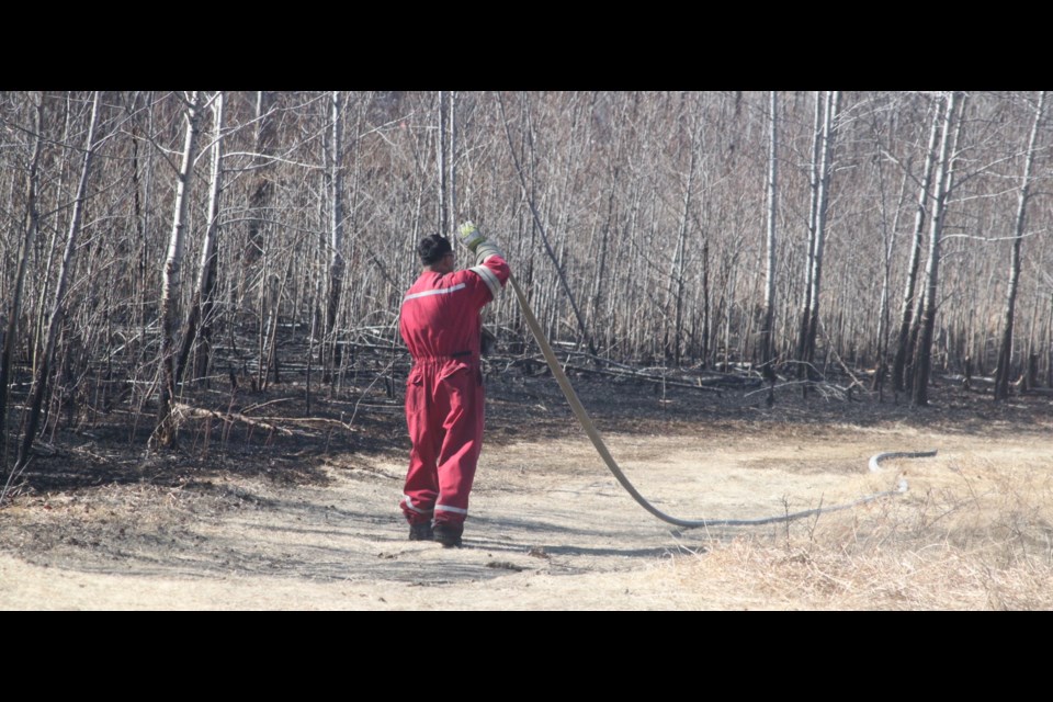 A member of Lac La Biche County Fire Rescue Service stands next to a grove of trees in the Dumasfield neighbourhood of Lac La Biche  where a grass fire had broken out Saturday afternoon. Crews were able to get the fire controlled and mopped up. Chris McGarry photo. 