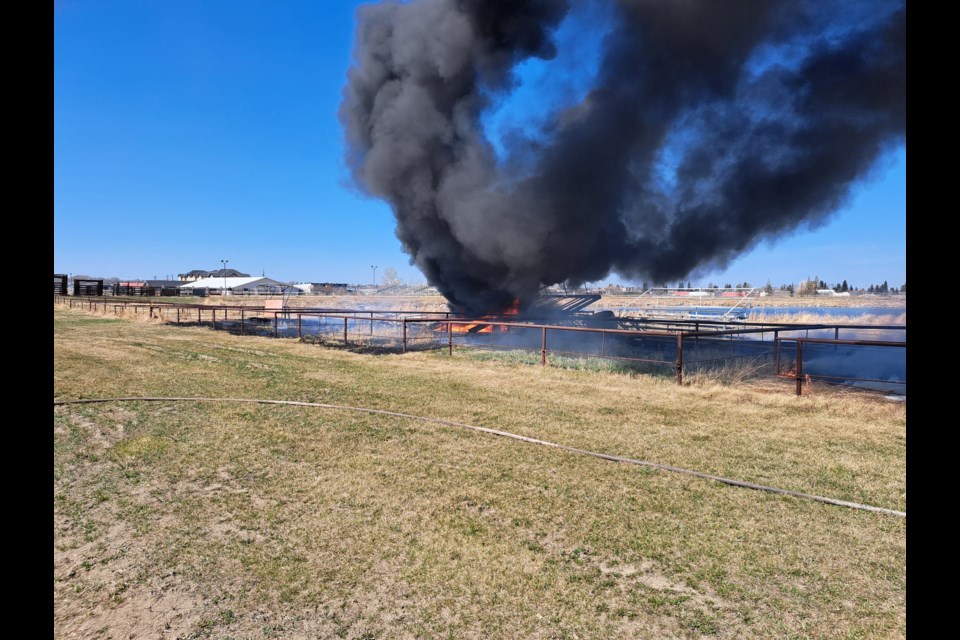  A spark from welding work ignited a fire this afternoon behind the Cold Lake Agricultural Society grounds, sending thick smoke into the sky and prompting a swift response from Cold Lake Fire-Rescue. 

Photo supplied.