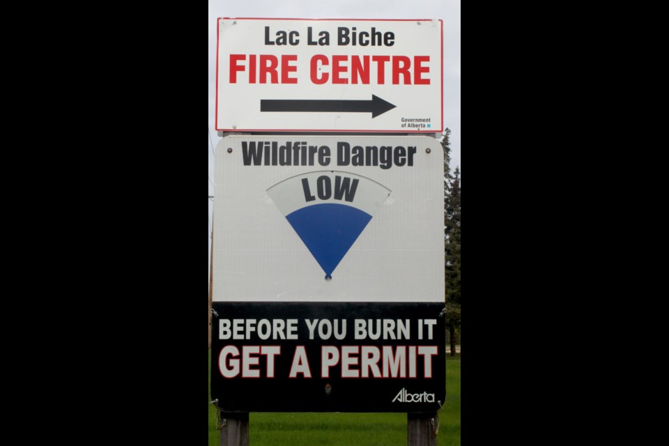 Although the fire danger level sign at the entrance to the Lac La Biche Fire Centre on Beaver Hill Road has been Low for the past week or so, over the last few months, the wildfire danger risk for the region has been raised to high, very high, and at one point, extreme. Chris McGarry photo. 