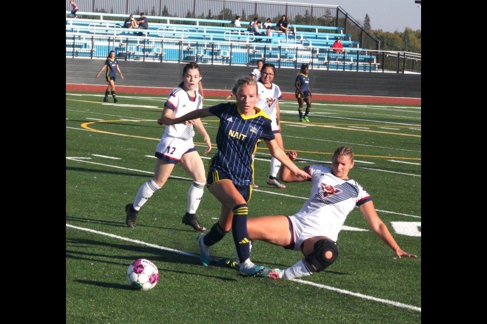 NAIT beat the Voyageur men and women on Sunday at away games in Edmonton,. Pictured is action from a previous matchup on Bold Center turn between the Ooks and Voyageurs. The Voyageurs are back on home turf October 6 against Keyano