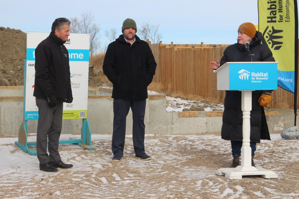 City of Cold Lake Mayor of Cold Lake Craig Copeland, Trevor Benoit from Value Master Homes, and Erin McNeil, Director of Fund Development at Habitat for Humanity Edmonton are pictured during a ceremony held as a kick-off to a new Habitat for Humanity project in Cold Lake.