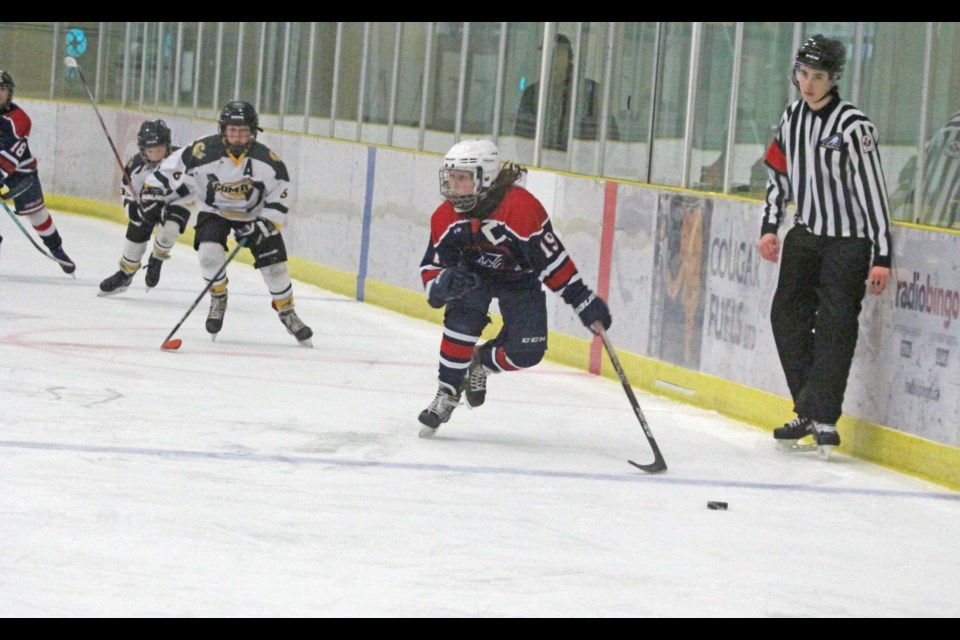 Clippers forward Brennan Cardinal comes in over the Comets' blue line during second period action from Saturday afternoon action. The Clippers lost to Consort 6-1 in their second-last game of the season.
