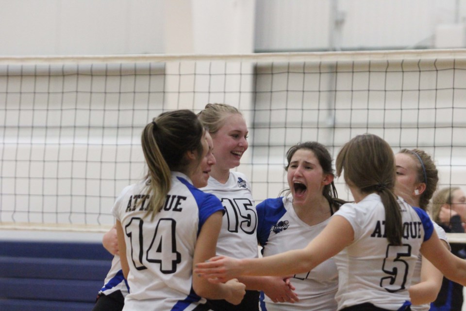 Bonnyville Ecole des Beaux Lacs senior high school Attaque volleyball team member cheer one of the many points scored on their way to becoming 1A zone champions over the weekend. In the photo, Savanah St. Arnault (centre) lets out a big cheer with teammates Alyssa Bernier, Isabella Antoniuk (5) Dorielle Amyotte (14) , Janique Dumont and Aryka Bouvier.