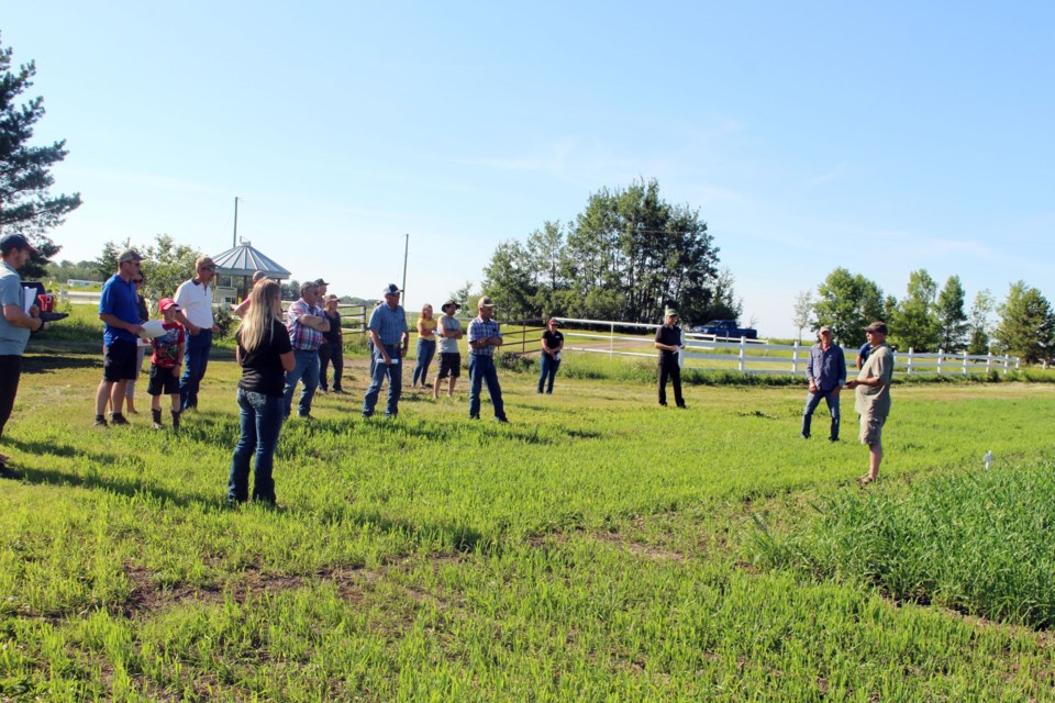 During the Lakeland Agricultural Research Association (LARA) Fort Kent field tour on July 29, Greymonte Liming representative Herman Simmons discusses the liming trials. Photo by Robynne Henry. 