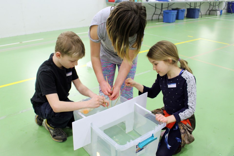 Groups worked together to create a vessel that would transport ping pong balls underwater.
(left to right) Eric Vadnais, 10, Callie Maheden, 10, and Adrianna Paplia, 8. Photo by Robynne Henry.