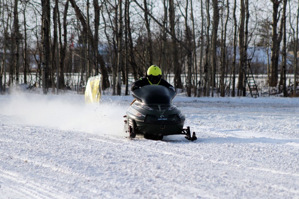 Cold Lake racer Jordan Bouliane makes his way down the track during the Ardmore Snowmobile Drag Races on Sunday, Feb. 16. Photo by Robynne Henry. 