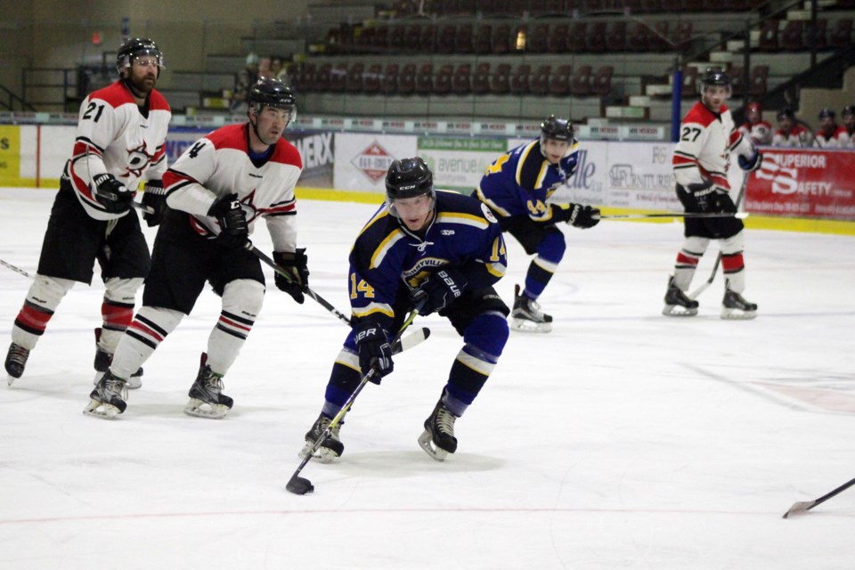 Pontiac Coltan Buchta makes his way to the Daysland Northstars net during the Bonnyville Sr. AA Pontiacs game on Sunday, Jan. 19. Photo by Robynne Henry. 