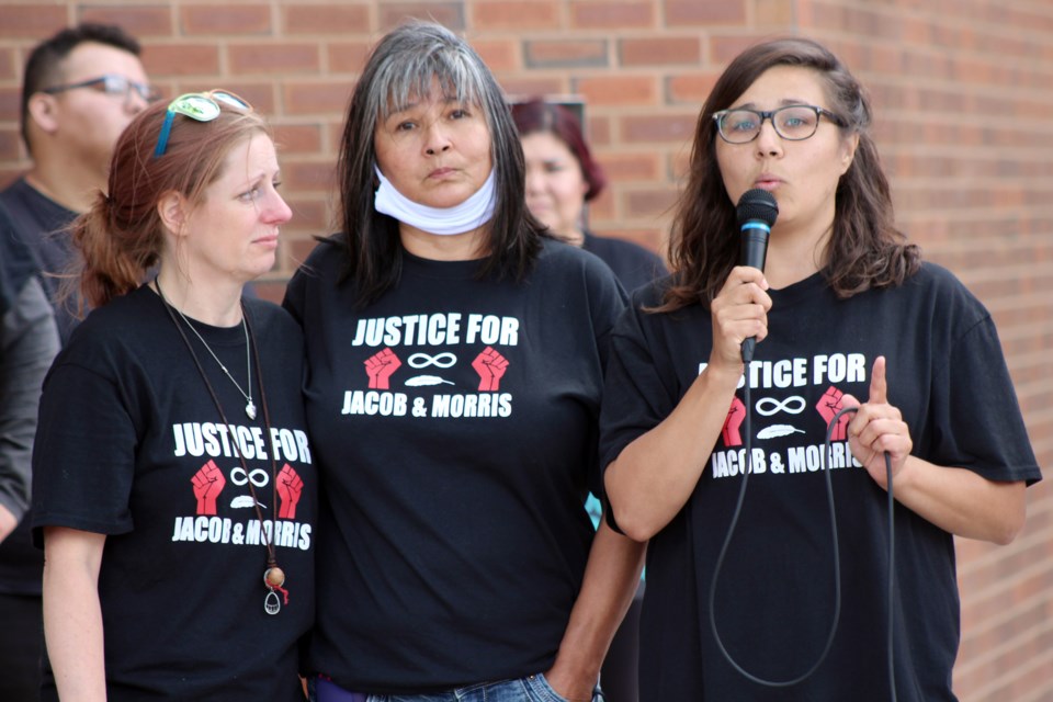A convoy made its way from Glendon to Bonnyville in honour of Jake Sansom and Morris Cardinal on July 15. Family members spoke during a rally in Bonnyville.
(left to right) Sarah Sansom, Ruby Smith, and Gina Levasseur. Photo by Robynne Henry. 