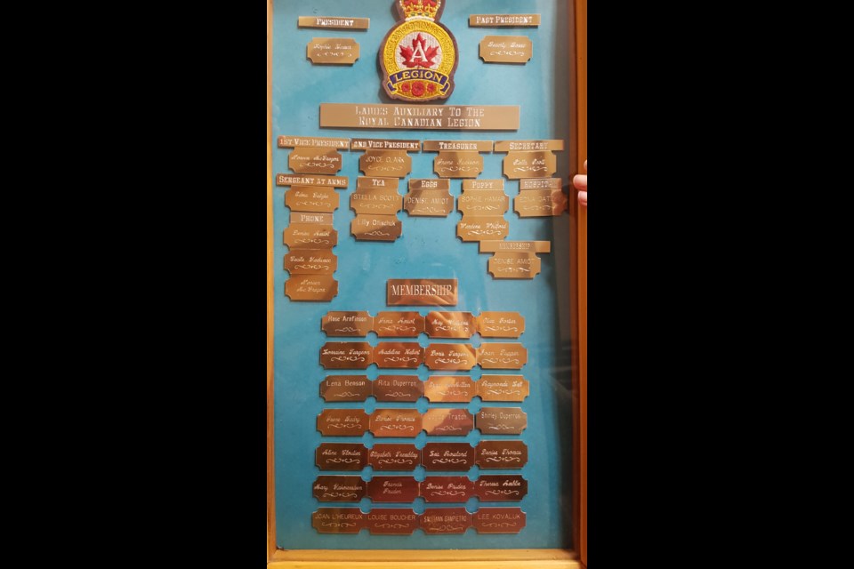 A plaque hanging in the Legion. It lists some of the members names and positions. 