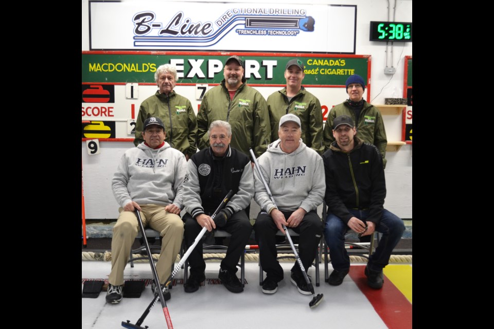 B&R Eckel’s ‘A’ event winners at the 2024 Elk Point Oilmen’s Bonspiel were (back row, left to right) Spring Park Knights Leonard Gadowski, Curtis Porcina, Brandon Tupper and Roland Joly, who reversed the ‘A’ event outcome with last year’s winners (front, left to right) Hahn Welding’s Jon Regnier, Don Anderson, Owen Gibson and Brant Evans. / Vicki Brooker photo

