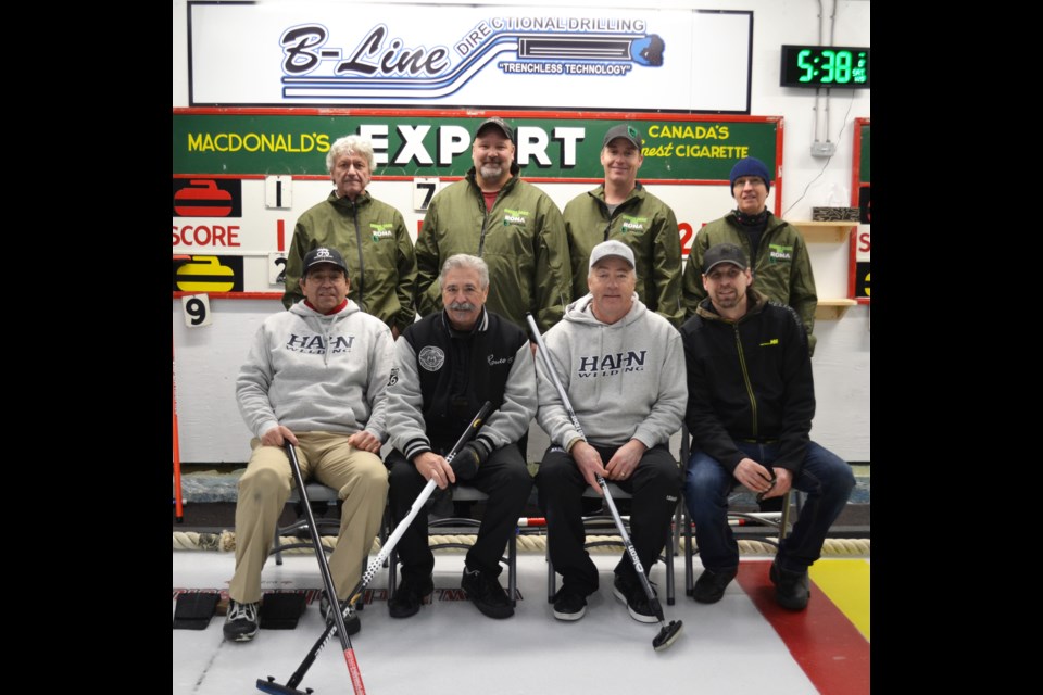 B&R Eckel’s ‘A’ event winners at the 2024 Elk Point Oilmen’s Bonspiel were (back row, left to right) Spring Park Knights Leonard Gadowski, Curtis Porcina, Brandon Tupper and Roland Joly, who reversed the ‘A’ event outcome with last year’s winners (front, left to right) Hahn Welding’s Jon Regnier, Don Anderson, Owen Gibson and Brant Evans. / Vicki Brooker photo
