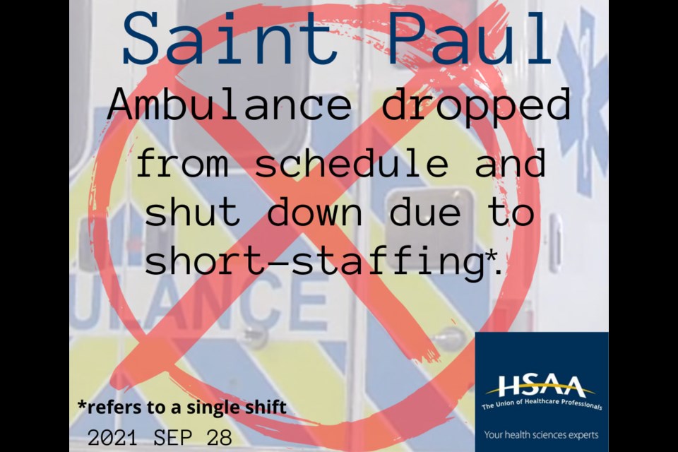 The morning of Sept. 28, HSAA EMS posted on social media stating a shortage in ambulance service in St. Paul, Two Hills and Andrew. The issues have been ongoing, according to the organization.