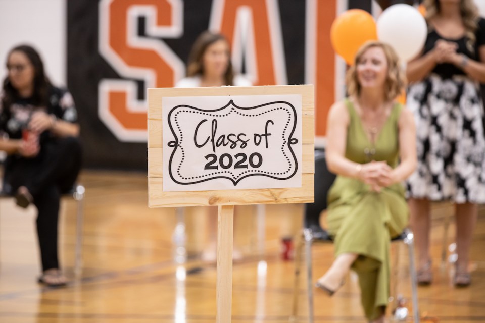 A sign welcomes the class of 2020 at the SPRHS graduation event, June 27. Janice Huser photo.