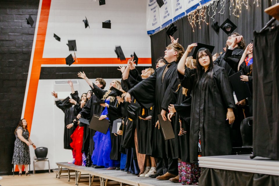 Some of the students from this year's SPRHS graduating class toss their caps in the air on June 27.