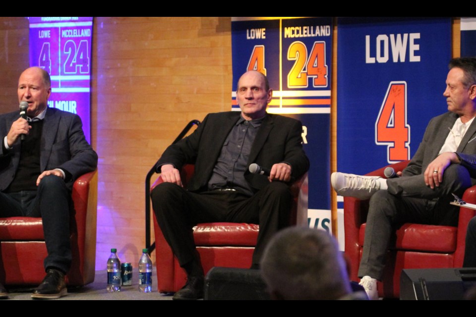 Kevin Lowe, Kevin McClelland and Doug Gilmour — three Stanley Cup winning former NHL players at Friday night's Portage College scholarship fundraiser.