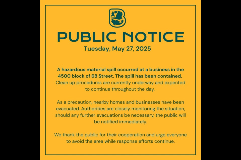 The Town of Bonnyville posted a notice on Tuesday morning regarding a hazardous spill.