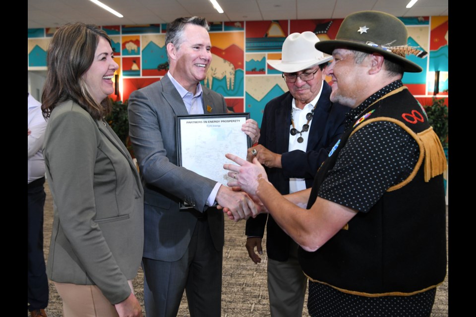 Premier Danielle Smith, Francois Poirier with TC energy, Blood Tribe Chief Roy Fox and Coun. Lee Thom of Kikino Métis Settlement were part of an announcement on July 30.