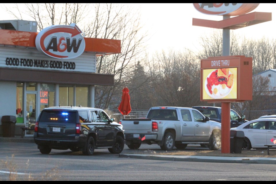 A motorist turned from the driving lane to the drive-thru lane on Tuesday morning after Mounties in an unmarked RCMP SUV pulled them over during a patrol of the Lac La Biche school zones. The driver of the pickup truck, with the police following, turned into the A&W parking lot during part of the mid-morning rush, creating a short-lived breakfast-time backlog at the drive-thru.
Image: Rob McKinley