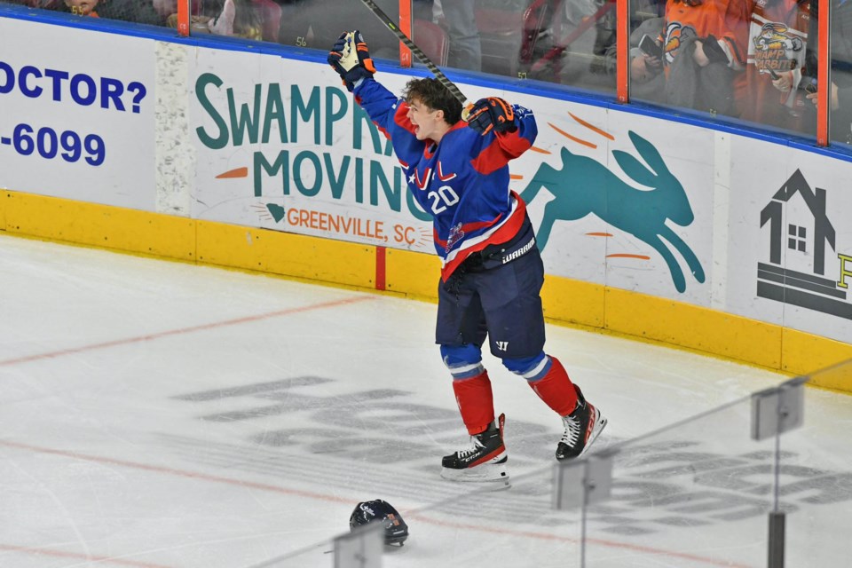 Austin Saint celebrates a goal. The Bonnyville native has moved to South Carolina to continue playing hockey.