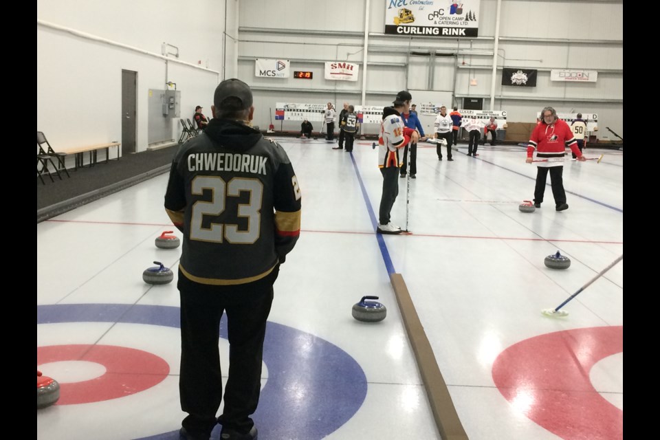Barry Chwedoruk, a member of the defending World Seniors Curling team and current Canadian champions, was in his Vegas Knights jersey for Saturday's bonspiel in Lac La Biche. Chwedoruk and the current men's senior national team will play the world championships in Switzerland in April.