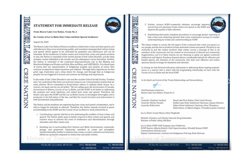 A two-page letter penned by Beaver Lake Cree Nation Chief Germaine Anderson regarding the need to address and fight racism through education and cooperation.